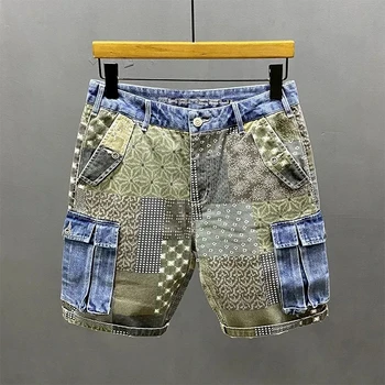Летние Новые джинсовые шорты-карго, мужские брюки с цветочным принтом Tide Five Points с нерегулярным сращиванием, уличная одежда, джинсы Hombre 8