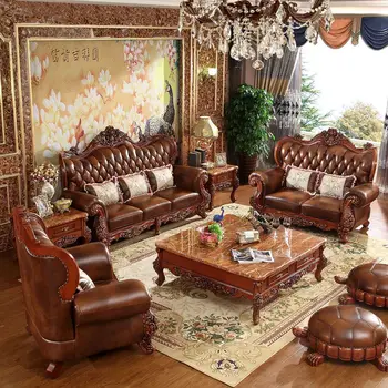 Мебель для гостиной Европейский кожаный диван сочетание американского массива дерева ретро-диван вилла высокого класса роскошный диван с подлокотниками 19