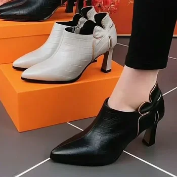 Модные женские туфли на высоком каблуке, большие размеры 43, Комфортные черные женские туфли с острым носком, ретро-лодочки на молнии, Zapatos De Mujer 18