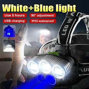 Мощный 5 * светодиодный головной фонарик USB перезаряжаемый 1200 люмен для рыбалки Светодиодный налобный фонарь Фары для кемпинга Охотничий фонарь 19