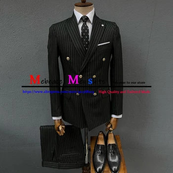 Мужские деловые костюмы в черную полоску, двубортные комплекты блейзеров Slim Fit, 2 предмета, повседневная мужская одежда для выпускного вечера, Homme Ensemble 13