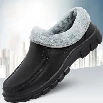 Мужские зимние тапочки большого размера, домашняя обувь из искусственной кожи для мужчин, водонепроницаемые домашние тапочки из меха и хлопка для мужчин, домашние туфли на плоской подошве