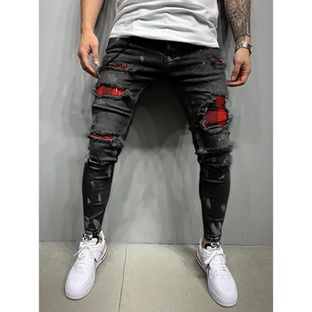 Мужские классические рваные джинсы, эластичный пояс, обтягивающие потертые джинсовые брюки, брюки-карго в стиле хип-хоп, уличная одежда 14