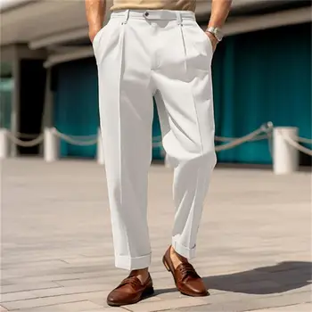 Мужские повседневные брюки Стильные мужские костюмные брюки Удобная Средняя талия Широкие штанины Дышащая ткань для официальной деловой офисной одежды 17