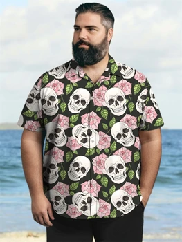 Мужские Рубашки С Принтом Черепа, Модная Гавайская рубашка, Повседневная Пляжная Блузка С Коротким Рукавом, Мужская Рубашка С Лацканами 11