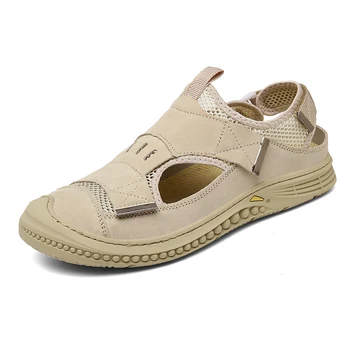 Мужские сандалии из натуральной кожи, летняя дышащая мужская повседневная обувь, нескользящая уличная мужская пляжная обувь, римские сандалии, большие размеры 38-46