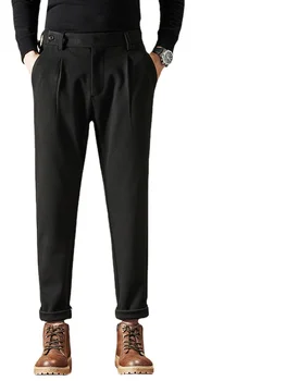 Мужские шерстяные вечерние однотонные брюки 2023, брюки по щиколотку, мужские прямые брюки с высокой талией в британском стиле, мужские социальные брюки A101 1