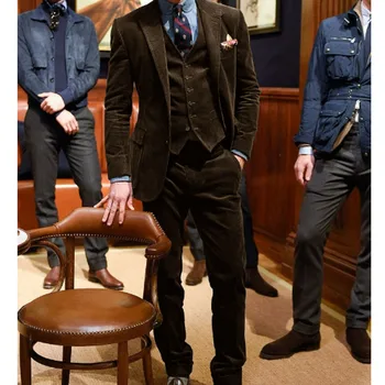 Мужской бархатный костюм, однобортные костюмы, комплект из 3 предметов с лацканами (куртка + жилет + брюки), новинка мужской одежды 2024 года. 14
