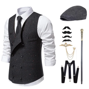 Мужской деловой пиджак, жилет в тонкую полоску для отдыха, официальный костюм без рукавов для джентльменов, свадебная вечеринка, выпускной бал, наряд в стиле ретро 1920-х годов 5