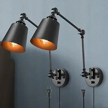 Набор из 2 сменных ламп с поворотным кронштейном, сменное бра со шнуром для регулировки яркости, промышленный светильник для чтения из матового черного металла   1