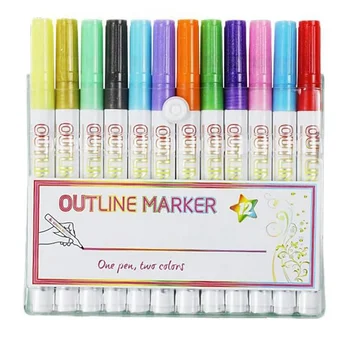 Наборы гелевых ручек с блестками 12 цветов, контурный маркер, Двойная Линейная ручка, Блестящие маркеры, Красочные художественные ручки для письма