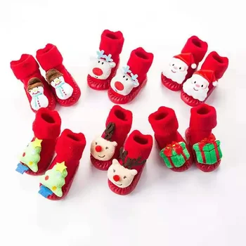 Нескользящие детские носки с рисунком из мультфильма, осенне-зимние утепленные теплые детские Рождественские кожаные носки с меховой петлей