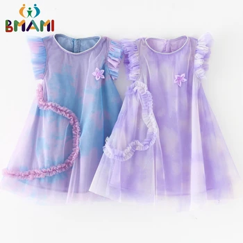Новое летнее платье принцессы для девочек 3-8 лет, сетчатое платье феи, фиолетовые цветы, фиолетовое кружевное платье с любовью, детские пышные платья 11