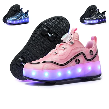 Новые детские роликовые коньки с поворотной пряжкой, обувь с крыльями, Светящиеся кроссовки на четырех колесах Для мальчиков и девочек, обувь со светодиодной подсветкой и USB-зарядкой. 9
