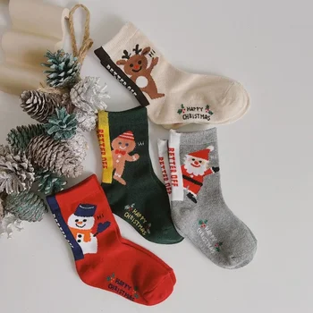 Осенне-зимние детские носки в рождественском стиле с мультяшным Санта-Клаусом, оленями, снежным приливом, детские дышащие хлопчатобумажные носки 11