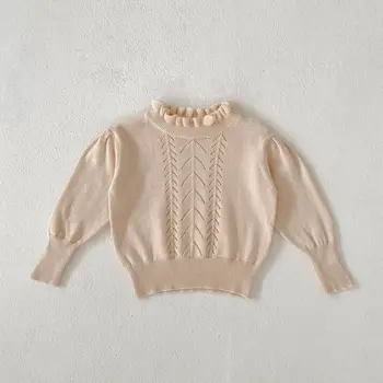 Осенний вязаный свитер с оборками для девочек, детский однотонный вязаный пуловер для мальчиков, детские повседневные свободные топы из 100% хлопка 10