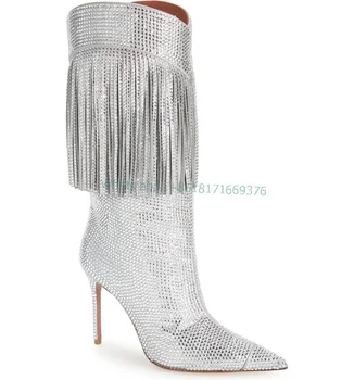 Пикантные женские ботинки с хрустальной бахромой и серебряными блестками до середины икры, сапоги на высоком каблуке с острым носком и застежкой-молнией, Дизайнерские женские клубные роскошные туфли 11