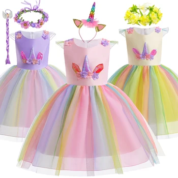 Платье принцессы для девочек с единорогом, детский день рождения, косплей, мультяшный костюм Лолиты на Хэллоуин, Рождественские детские бальные платья, наряды для 8