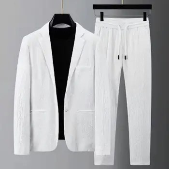 Полосатый плиссированный мужской блейзер, комплект брюк, мужской комплект, Свободные карманы на лацканах с завязками, тонкий деловой деловой костюм-двойка