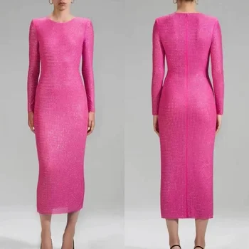 Последняя горячая распродажа 2022 года, высококачественное флуоресцентное розовое исправление, блестящий горный хрусталь, Бодикон, сексуальное платье Миди для женщин 3