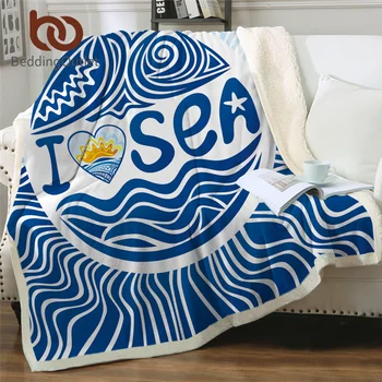 Постельное Белье Outlet Ocean Шерп Флисовое Одеяло I Love Sea Плюшевое Покрывало Синее Японское Покрывало Простое Стильное Акварельное Постельное Белье 4