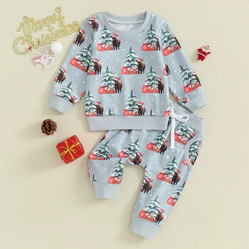 Рождественские наряды в западном стиле для маленьких мальчиков и девочек, Милые детские толстовки с длинными рукавами, Топы, Комплекты брюк 15