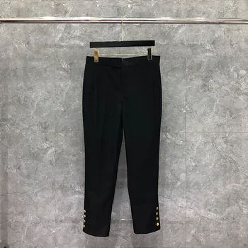 Роскошные брюки TB Gold Button, мужские брюки Four Seasons Slim Fit, модные брендовые повседневные деловые черные официальные укороченные брюки 7