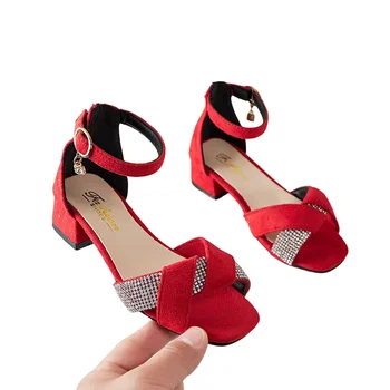 Сандалии для девочек, детские летние сандалии Sanldaies на красном каблуке, со стразами, на толстом каблуке принцессы для девочек, с кисточками, женская обувь 3