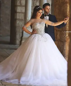 Свадебные платья, Роскошные свадебные платья с кристаллами, прозрачные платья с длинными рукавами, кристаллы, тюль в пол с открытой спиной, 2024