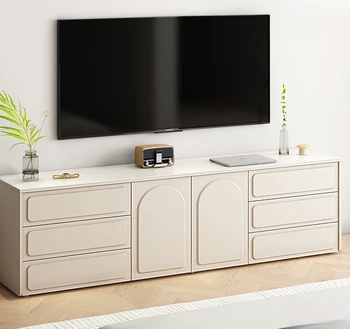 Светлый роскошный напольный шкаф для телевизора в кремовом стиле, высококачественная комбинация для хранения телевизора с каменной панелью 11