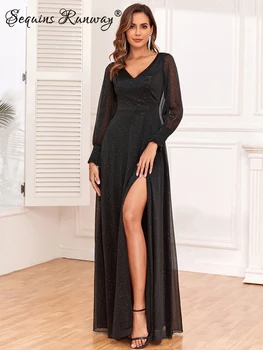 Сексуальное черное шифоновое макси-летнее платье с блестками, женское элегантное роскошное платье для вечеринки в честь дня рождения с длинным рукавом, вечерние платья для выпускного вечера, vestidos 5