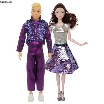 Серебристо-фиолетовое платье для куклы Барби, комплект одежды для пары, фиолетовая куртка с блестками, брюки, наряды для кукол Ken Male 1/6, аксессуары для кукол