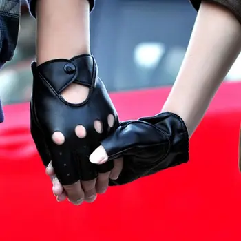 Симпатичные Черные Горячие Перчатки Без Пальцев Из Искусственной Кожи С Полупальцами Для Вождения 7