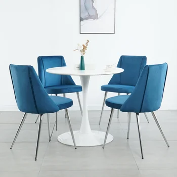 Современный простой бархатный синий обеденный стул для домашней спальни, стул со спинкой, туалетный стул, студенческий письменный стул, хромированные металлические ножки (комплект из 4)