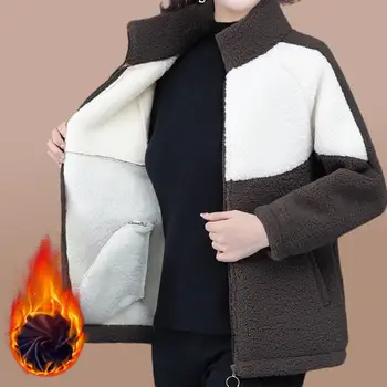 Удобная женская верхняя одежда, уютное зимнее пальто с цветными блоками, плюшевый теплый кардиган с воротником-стойкой для женщин, стильный вырез на осень 2
