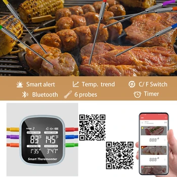 Цифровой беспроводной термометр с шестью зондами для мяса Воды еды барбекю печи для приготовления молока Кухонный таймер Температурный будильник 17