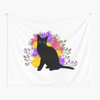 Черный кот с цветами, гобелен, декор из гобеленов, Красивое настенное полотенце для йоги, одеяло, коврик для украшения, цветной подвесной