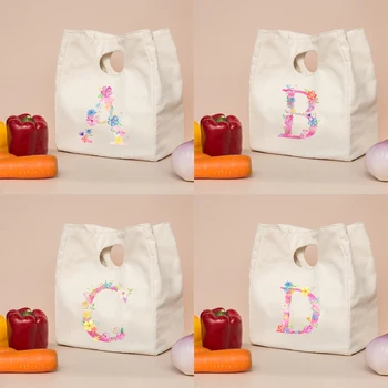 Школьная холщовая сумка для ланча с цветочным принтом и буквами Az, милые сумки для хранения продуктов, эстетичная Функциональная женская сумка, холщовая Офисная сумка для ланча