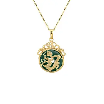 Ювелирные изделия оптом--- Ожерелье с подвеской в виде древнего китайского талисмана-дракона из чистого золота с зеленой имитацией нефрита с цепочкой 45 см