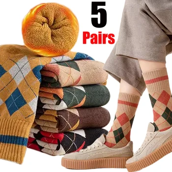 1/5 пары шерстяных носков в форме ромба, Зимние утепленные теплые махровые носки, повседневные хлопчатобумажные носки, женские комфортные носки в стиле колледжа 5