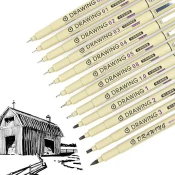 12шт Художественная ручка для рисования Черная Ручка для рисования эскизов Удобная ручка Четкие линии Металлический Зажим Микротонкая ручка для рисования 13