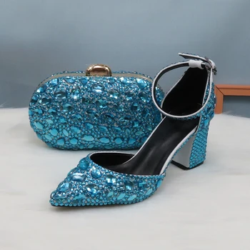 2020 Новое поступление, Летние Босоножки с кристаллами Небесно-голубого цвета, женские свадебные туфли Невесты, Модные женские Босоножки с острым носком на толстом каблуке и пряжкой 13