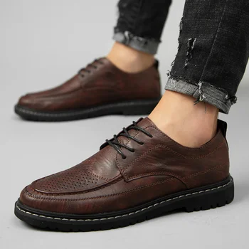 2021 Новая мужская качественная кожаная обувь в британском деловом стиле на шнуровке, модные черные мужские туфли из мягкой кожи из спилка, мужские модельные туфли 7