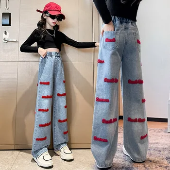2023, Весенние штаны с вышивкой буквами для девочек, детские джинсы, модная одежда для девочек-подростков, Осенние Широкие свободные брюки для детей 10