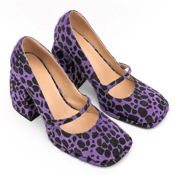 2023 Горячая распродажа Женские туфли на высоком каблуке Фиолетового цвета с леопардовым принтом, туфли Мэри Джейн с квадратным носком, Европейские женские туфли-лодочки для зрелых женщин 6