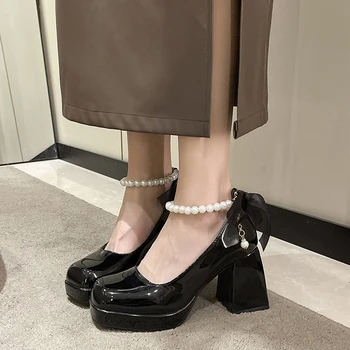 2023 женские туфли на высоком каблуке, удобные кожаные декоративные женские туфли с бисером, офисные черно-белые женские туфли в стиле ретро 11