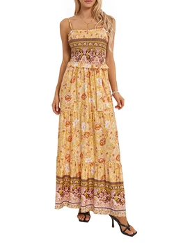 2023, женское винтажное платье в стиле Бохо с цветочным принтом, на бретельках, без рукавов, с открытой спиной, Струящееся Летнее платье с поясом 1