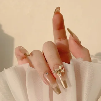 24шт Накладные ногти с бантиками Длинные накладные ногти в виде гроба с французским золотым краем, съемные наконечники для нейл-арта с полным покрытием, прижимающиеся к ногтю 3