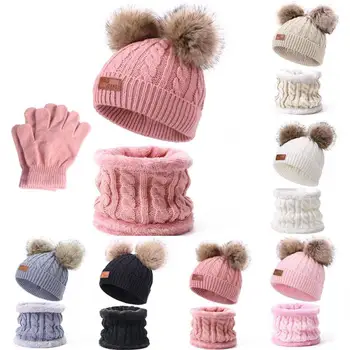 3 шт. Детские шапки, шарфы, перчатки, осенне-зимние теплые детские однотонные вязаные шапки, аксессуары для утепления улицы 18