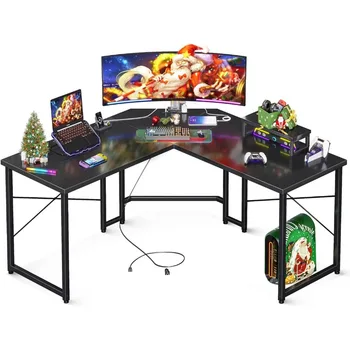 51-дюймовый L-образный Игровой стол с Розетками Питания, Компьютерный стол с Подставкой Для Монитора, Поверхность из Углеродного волокна 1